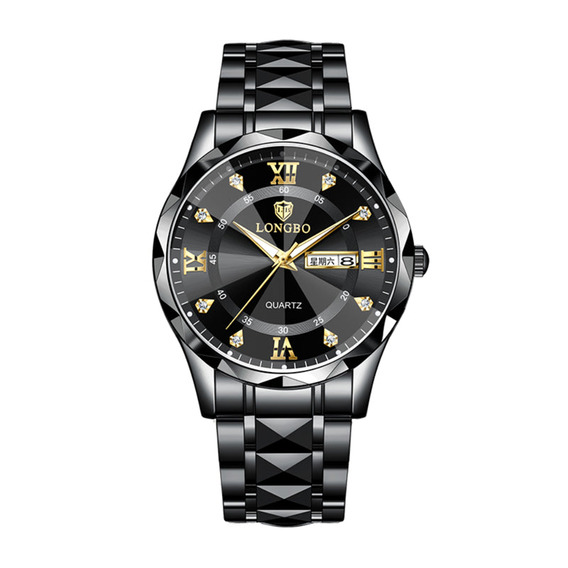 LONGBO LB83715G Quartz Watch - Live Edition Men's Luxury 41mm Faceted Diamond-Cut Crystal Day-Date Luminous Hands 3D Pyramid Steel Link Bracelet Wristwatch