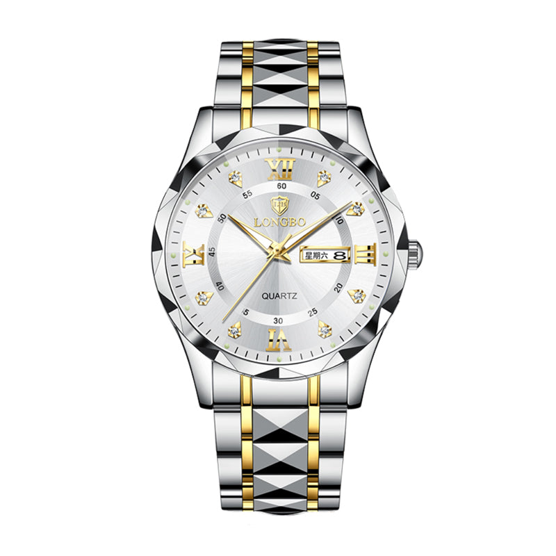 LONGBO LB83715G Quartz Watch - Live Edition Men's Luxury 41mm Faceted Diamond-Cut Crystal Day-Date Luminous Hands 3D Pyramid Steel Link Bracelet Wristwatch