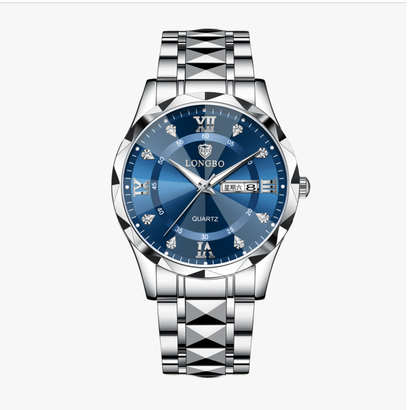 LONGBO LB83715G Quartz Watch - Live Edition Men's Luxury 41mm Faceted Diamond-Cut Crystal Day-Date Luminous Hands 3D Pyramid Steel Link Bracelet Wristwatch