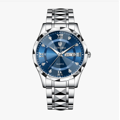 LONGBO LB83715G Quartz Watch - Live Edition Men's Luxury 41mm Faceted Diamond-Cut Crystal Day-Date Luminous Hands 3D Pyramid Steel Link Bracelet Wristwatch