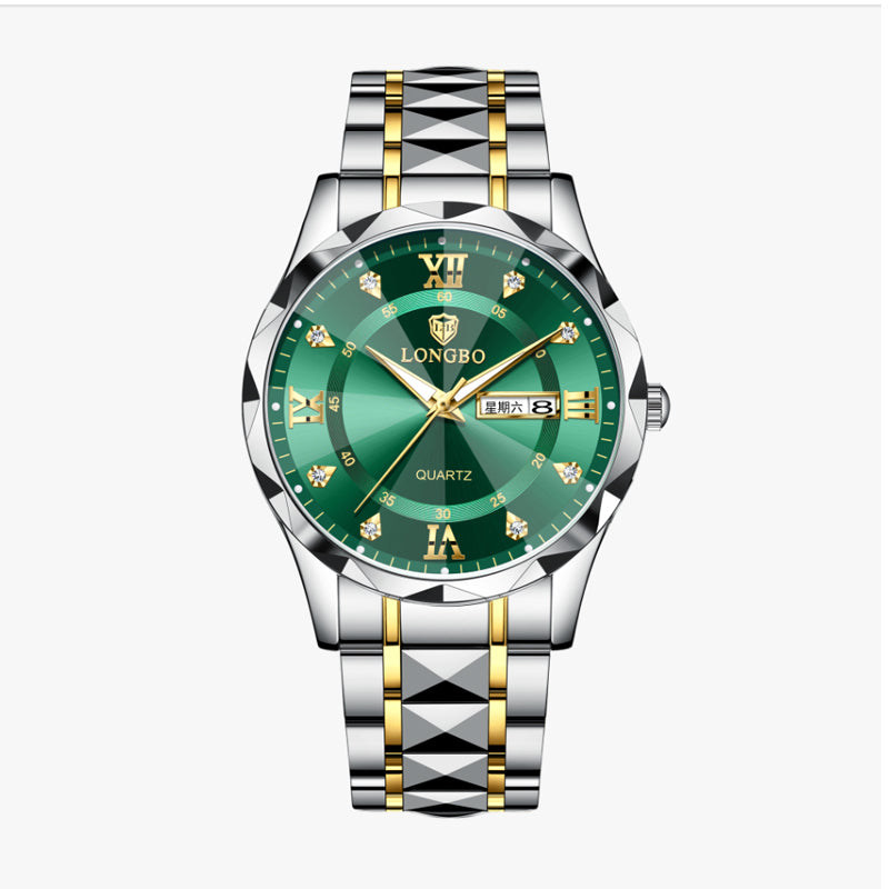LONGBO LB83715G Quartz Watch - Live Edition Men's Luxury 41mm Faceted Diamond-Cut Crystal Day-Date Luminous Hands 3D Pyramid Steel Link Bracelet Wristwatch
