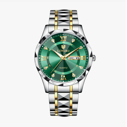 LONGBO LB83715G Quartz Watch - Live Edition Men's Luxury 41mm Faceted Diamond-Cut Crystal Day-Date Luminous Hands 3D Pyramid Steel Link Bracelet Wristwatch