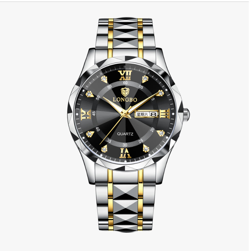 LONGBO LB83715G Quartz Watch - Live Edition Men's Luxury 41mm Faceted Diamond-Cut Crystal Day-Date Luminous Hands 3D Pyramid Steel Link Bracelet Wristwatch