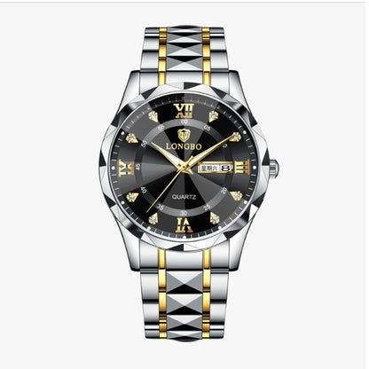 LONGBO LB83715G Quartz Watch - Live Edition Men's Luxury 41mm Faceted Diamond-Cut Crystal Day-Date Luminous Hands 3D Pyramid Steel Link Bracelet Wristwatch