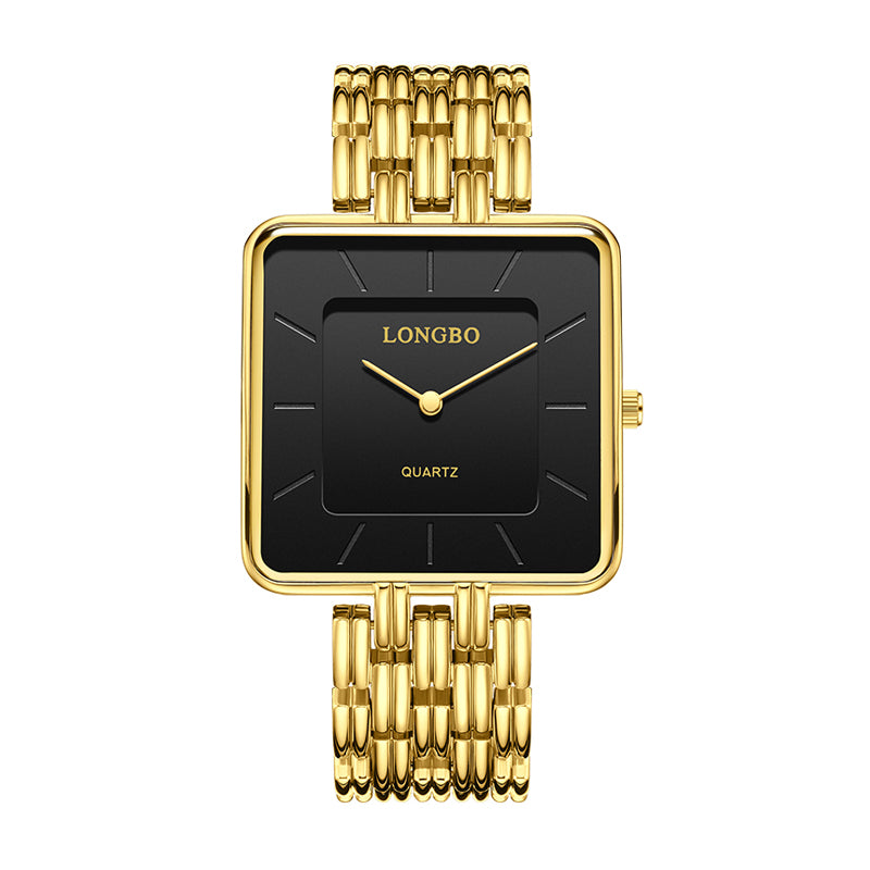 LONGBO LB83810 Quartz Watch - Live Edition Men's & Women‘s Minimalist 38mm Square Case 2-Hand Dress Timepiece Full IPB Gold Finish Multi-Bead Steel Link Bracelet Wristwatch