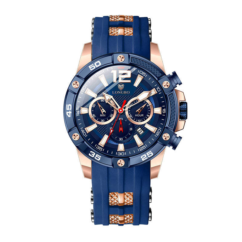 LONGBO LB83820 Live Edition Men's Sport Chronograph Quartz Watch - 50mm Rose Gold Case Triple Subdial 4:30 Date Luminous Blue Silicone Strap Wristwatch