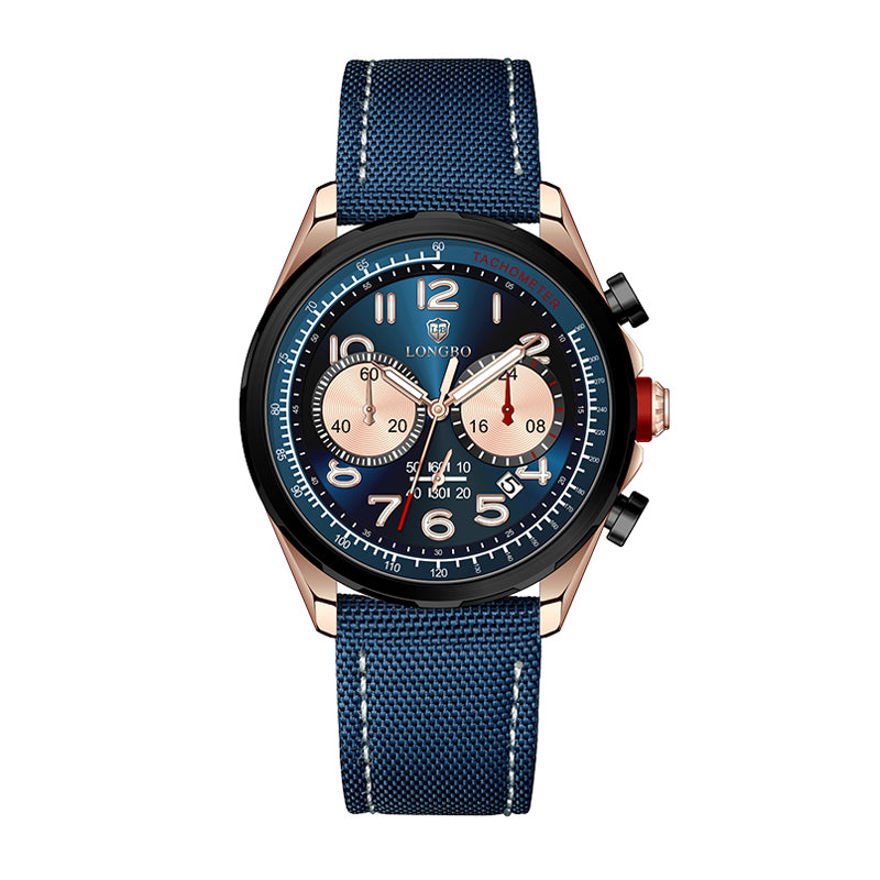 LONGBO LB83821 Live Edition Men's Heritage Tachymeter Chronograph Quartz Watch - 44mm Case Triple Subdial 4:30 Date Stitched Strap Wristwatch