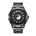 LONGBO LB83899 Quartz Watch - Live Edition Men's Tech 44mm Black Case No-Glass Magnetic Rolling Ball Pointerless Chinese Tai Chi Twelve Earthly Branches Theme Steel Link Bracelet Wristwatch