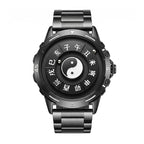 LONGBO LB83899 Quartz Watch - Live Edition Men's Tech 44mm Black Case No-Glass Magnetic Rolling Ball Pointerless Chinese Tai Chi Twelve Earthly Branches Theme Steel Link Bracelet Wristwatch