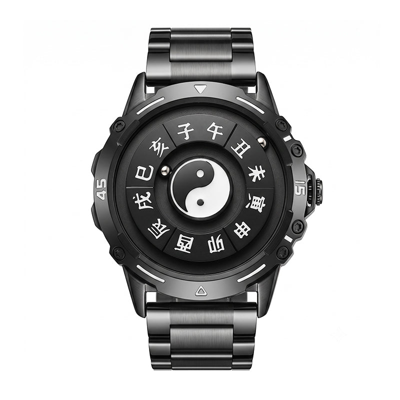 LONGBO LB83899 Quartz Watch - Live Edition Men's Tech 44mm Black Case No-Glass Magnetic Rolling Ball Pointerless Chinese Tai Chi Twelve Earthly Branches Theme Steel Link Bracelet Wristwatch