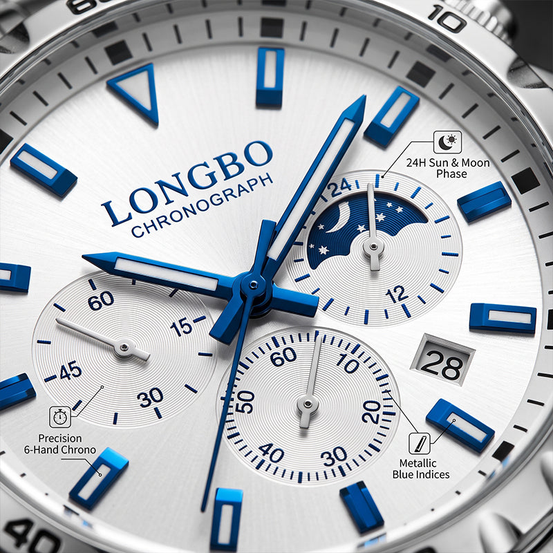 LONGBO LB83928 Live Edition Men's Sport Quartz Watch - 44mm Silver Case Convex Crystal Chrono Style Subdials Metal Band Wristwatch
