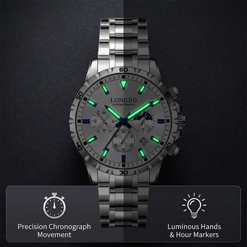 LONGBO LB83928 Live Edition Men's Sport Quartz Watch - 44mm Silver Case Convex Crystal Chrono Style Subdials Metal Band Wristwatch