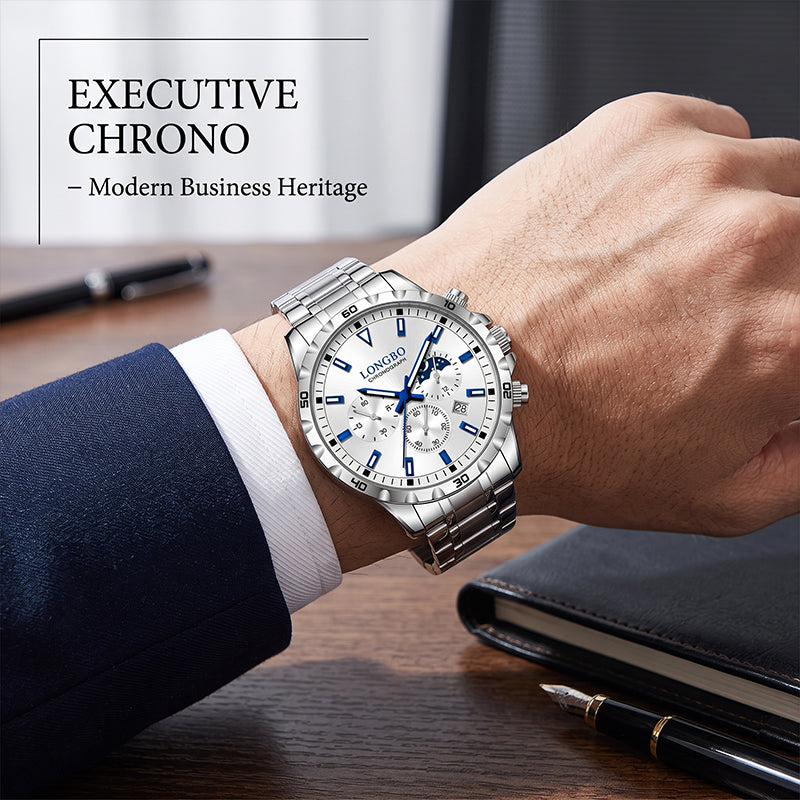 LONGBO LB83928 Live Edition Men's Sport Quartz Watch - 44mm Silver Case Convex Crystal Chrono Style Subdials Metal Band Wristwatch