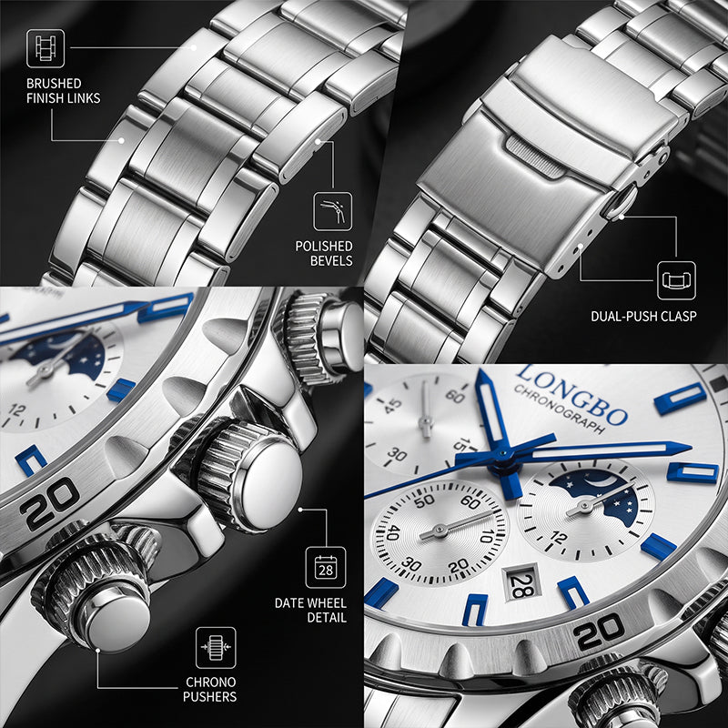 LONGBO LB83928 Live Edition Men's Sport Quartz Watch - 44mm Silver Case Convex Crystal Chrono Style Subdials Metal Band Wristwatch