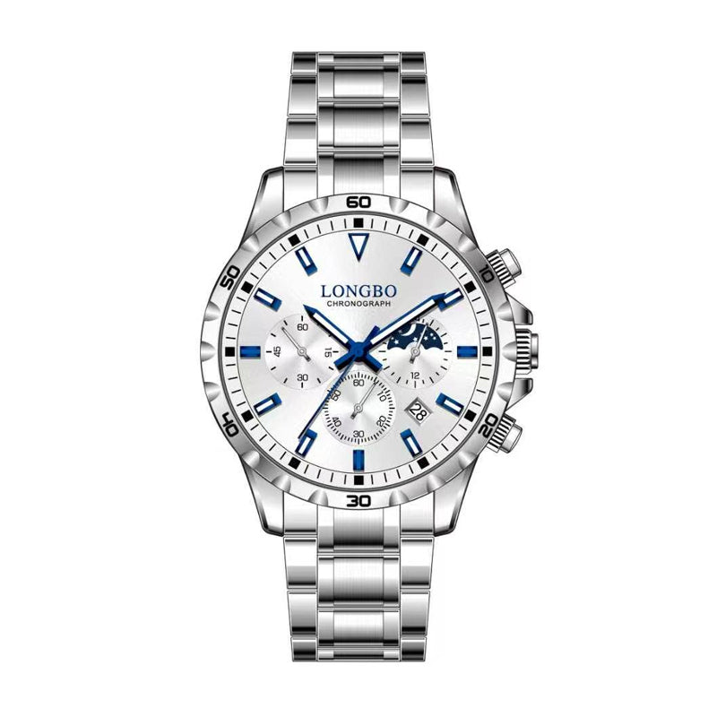 LONGBO LB83928 Live Edition Men's Sport Quartz Watch - 44mm Silver Case Convex Crystal Chrono Style Subdials Metal Band Wristwatch