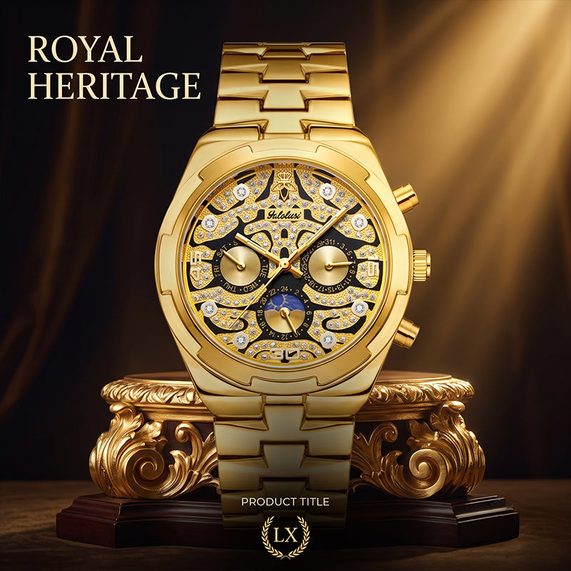 Yalalusi LX1012 Live Edition Men's Ultra-Slim Moonphase Quartz Watch - 41mm Case Filigree Diamond Dial Day Date Moonphase Subdials Metal Band Wristwatch
