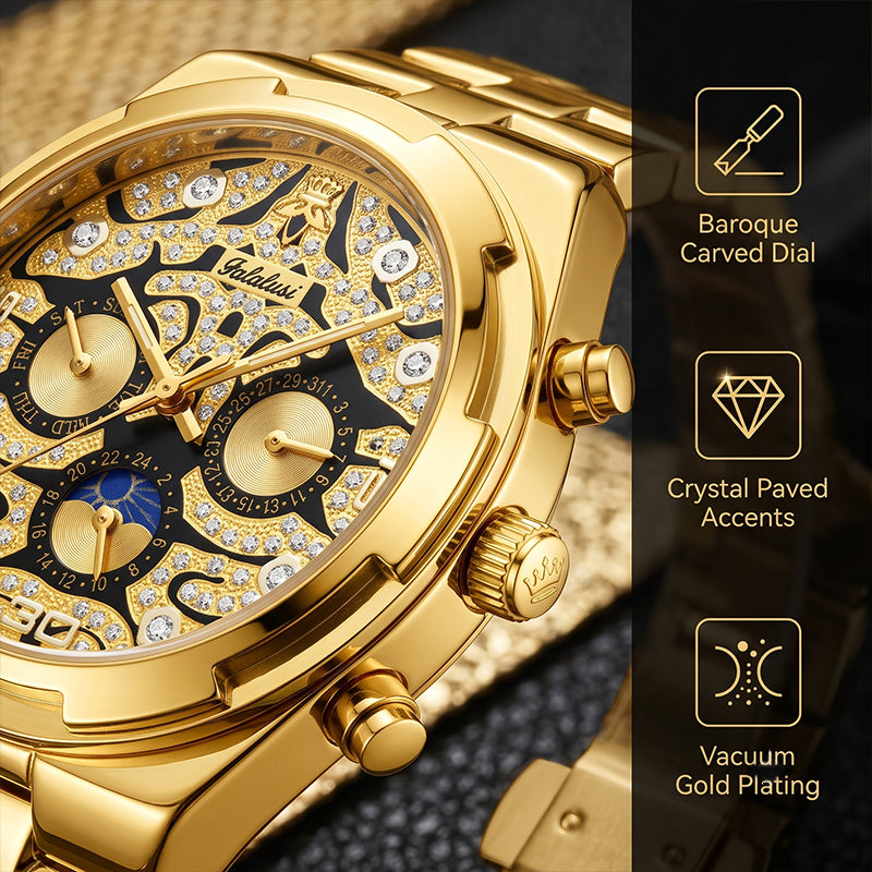 Yalalusi LX1012 Live Edition Men's Ultra-Slim Moonphase Quartz Watch - 41mm Case Filigree Diamond Dial Day Date Moonphase Subdials Metal Band Wristwatch