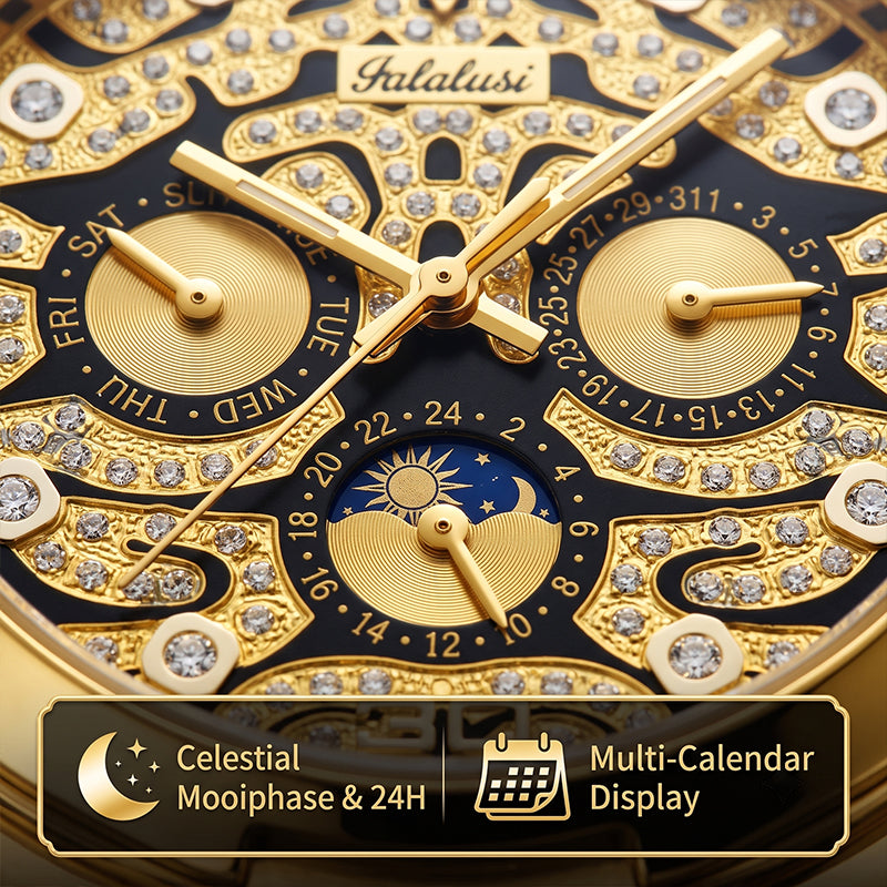 Yalalusi LX1012 Live Edition Men's Ultra-Slim Moonphase Quartz Watch - 41mm Case Filigree Diamond Dial Day Date Moonphase Subdials Metal Band Wristwatch