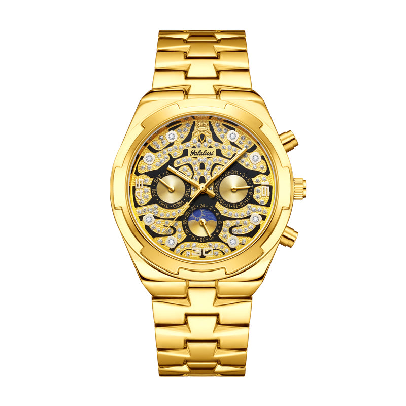 Yalalusi LX1012 Live Edition Men's Ultra-Slim Moonphase Quartz Watch - 41mm Case Filigree Diamond Dial Day Date Moonphase Subdials Metal Band Wristwatch
