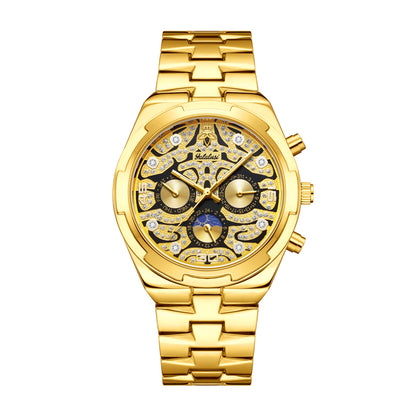 Yalalusi LX1012 Live Edition Men's Ultra-Slim Moonphase Quartz Watch - 41mm Case Filigree Diamond Dial Day Date Moonphase Subdials Metal Band Wristwatch