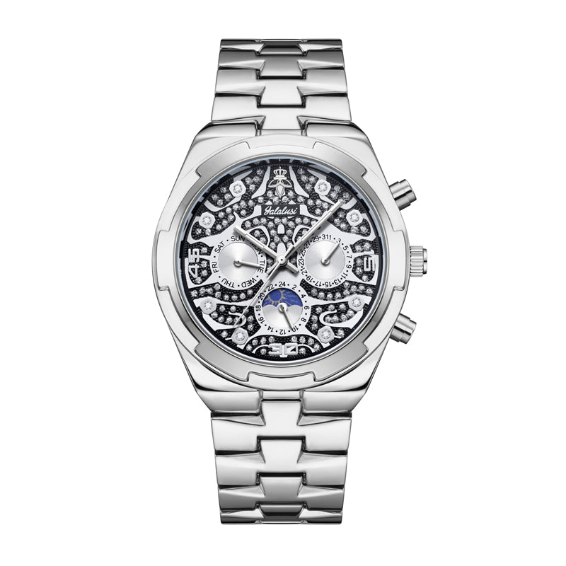 Yalalusi LX1012 Live Edition Men's Ultra-Slim Moonphase Quartz Watch - 41mm Case Filigree Diamond Dial Day Date Moonphase Subdials Metal Band Wristwatch