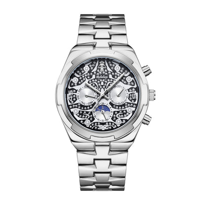 Yalalusi LX1012 Live Edition Men's Ultra-Slim Moonphase Quartz Watch - 41mm Case Filigree Diamond Dial Day Date Moonphase Subdials Metal Band Wristwatch