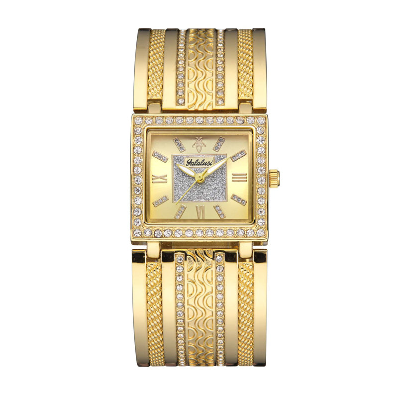 Yalalusi LX1022 Live Edition Men's Royal Diamond Bezel Square Quartz Watch - 30x28mm Gold Case Roman Numerals Frosted Center Dial Wide Metal Band Wristwatch