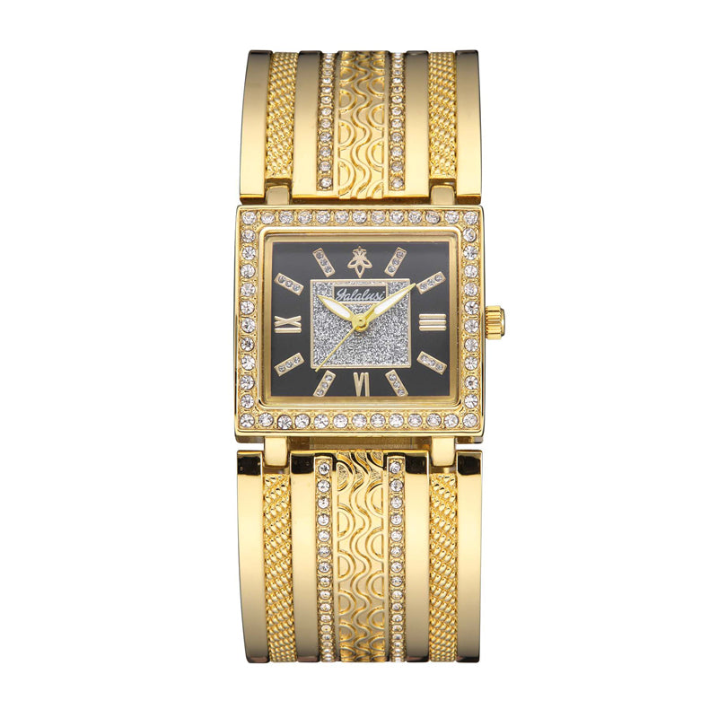 Yalalusi LX1022 Live Edition Men's Royal Diamond Bezel Square Quartz Watch - 30x28mm Gold Case Roman Numerals Frosted Center Dial Wide Metal Band Wristwatch