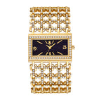Yalalusi LX1043 Live Edition Men's Royal Diamond Bezel Rectangular Quartz Watch - 38x25.5mm Gold Case Wide Openwork Mesh Link Metal Band Wristwatch