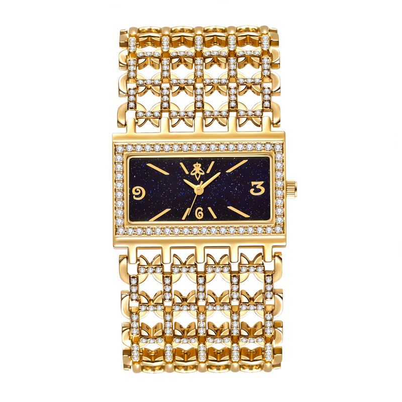 Yalalusi LX1043 Live Edition Men's Royal Diamond Bezel Rectangular Quartz Watch - 38x25.5mm Gold Case Wide Openwork Mesh Link Metal Band Wristwatch