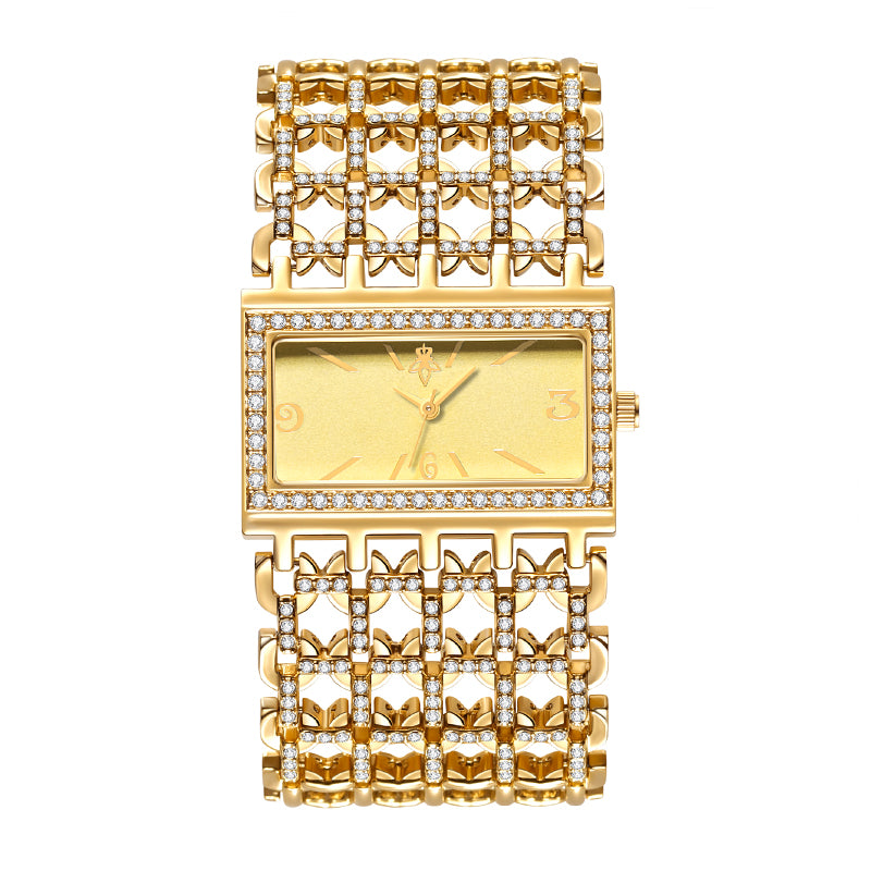 Yalalusi LX1043 Live Edition Men's Royal Diamond Bezel Rectangular Quartz Watch - 38x25.5mm Gold Case Wide Openwork Mesh Link Metal Band Wristwatch