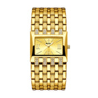 LX1044 Quartz Watch - Live Edition Luxury Horizontal Rectangular Gold Case Dual-Row Crystal Accent Bezel 31mm Wide Link Bracelet Wristwatch