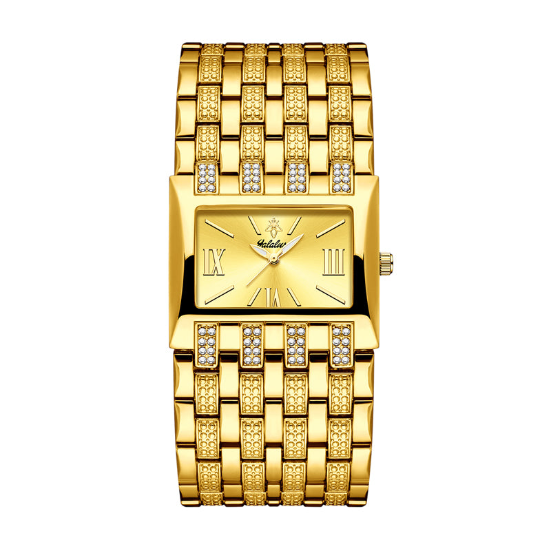 LX1044 Quartz Watch - Live Edition Luxury Horizontal Rectangular Gold Case Dual-Row Crystal Accent Bezel 31mm Wide Link Bracelet Wristwatch