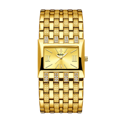 LX1044 Quartz Watch - Live Edition Luxury Horizontal Rectangular Gold Case Dual-Row Crystal Accent Bezel 31mm Wide Link Bracelet Wristwatch