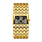 LX1044 Quartz Watch - Live Edition Luxury Horizontal Rectangular Gold Case Dual-Row Crystal Accent Bezel 31mm Wide Link Bracelet Wristwatch