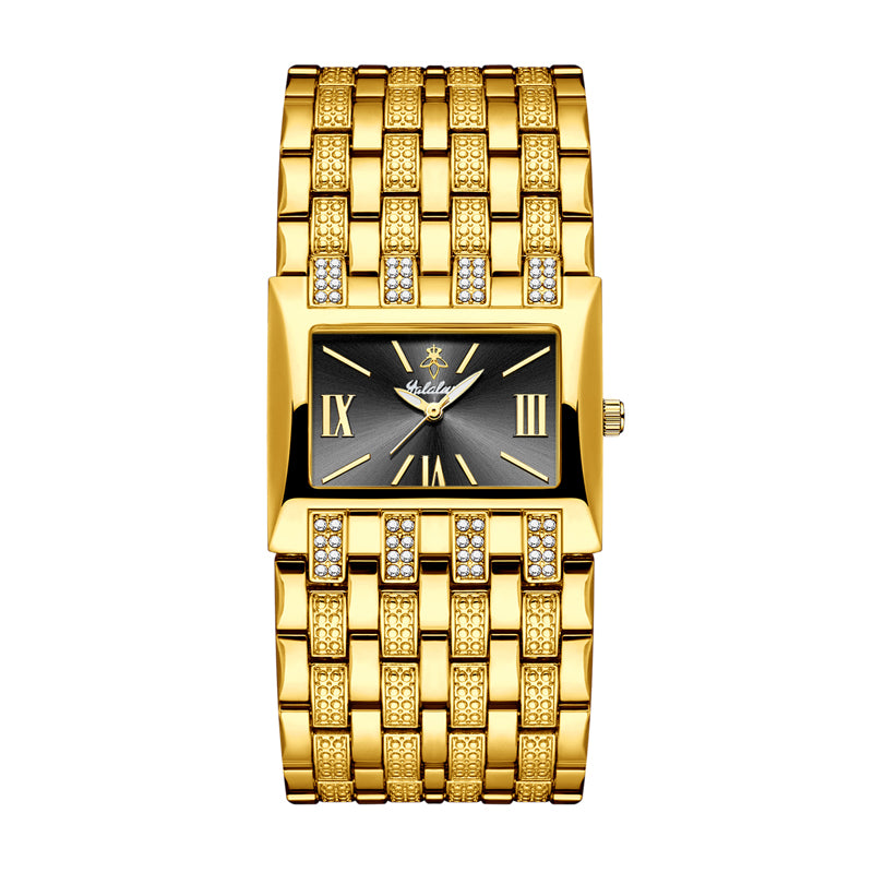 LX1044 Quartz Watch - Live Edition Luxury Horizontal Rectangular Gold Case Dual-Row Crystal Accent Bezel 31mm Wide Link Bracelet Wristwatch