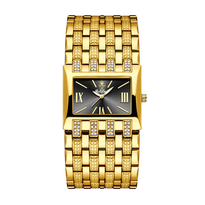 LX1044 Quartz Watch - Live Edition Luxury Horizontal Rectangular Gold Case Dual-Row Crystal Accent Bezel 31mm Wide Link Bracelet Wristwatch