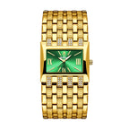 LX1044 Quartz Watch - Live Edition Luxury Horizontal Rectangular Gold Case Dual-Row Crystal Accent Bezel 31mm Wide Link Bracelet Wristwatch