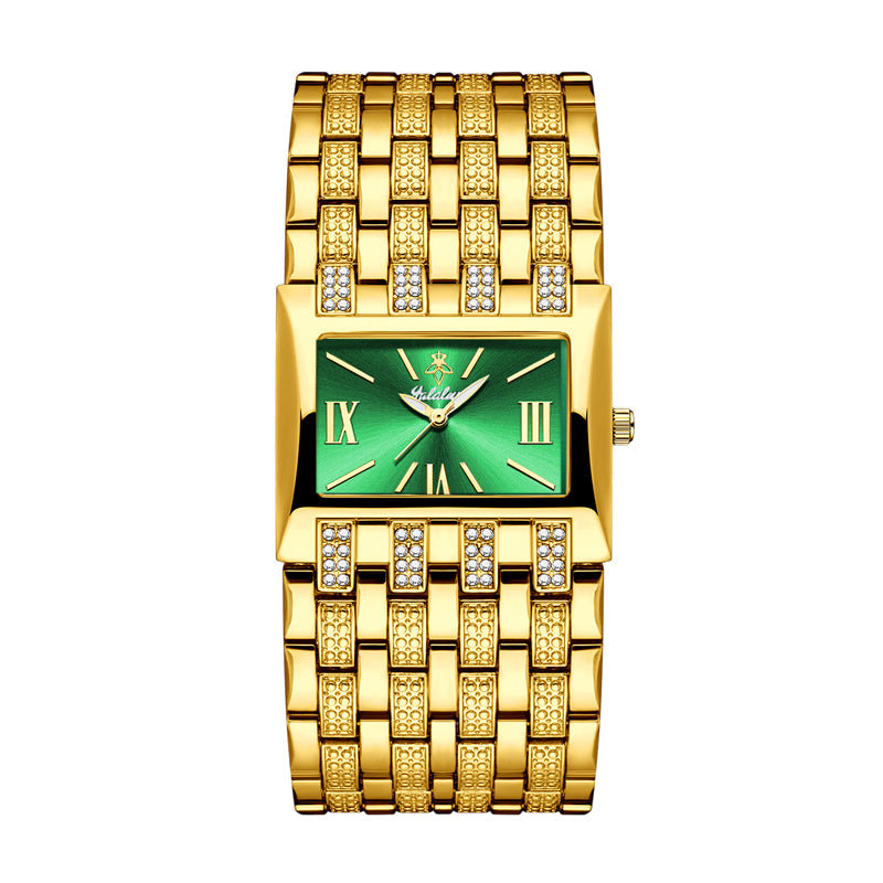 LX1044 Quartz Watch - Live Edition Luxury Horizontal Rectangular Gold Case Dual-Row Crystal Accent Bezel 31mm Wide Link Bracelet Wristwatch
