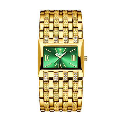 LX1044 Quartz Watch - Live Edition Luxury Horizontal Rectangular Gold Case Dual-Row Crystal Accent Bezel 31mm Wide Link Bracelet Wristwatch