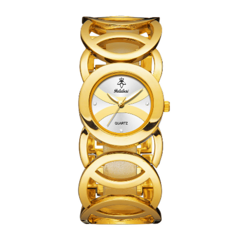 Yalalusi LX1047 Live Edition Women's Elegant Bangle Quartz Watch - 30.5mm Gold Case Sunburst Wing Dial Coated Bridge Glass Hollow Link Bracelet Wristwatch