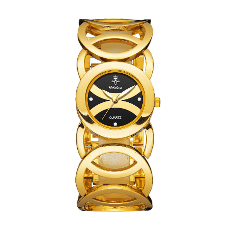 Yalalusi LX1047 Live Edition Women's Elegant Bangle Quartz Watch - 30.5mm Gold Case Sunburst Wing Dial Coated Bridge Glass Hollow Link Bracelet Wristwatch