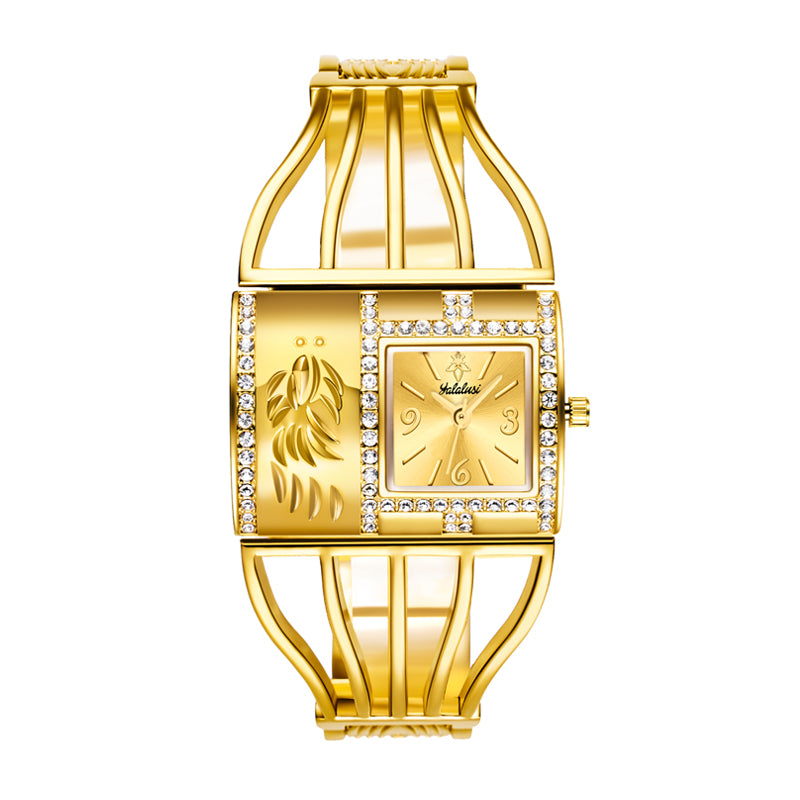 LX1052 Live Edition Women's Golden Feather Diamond Bezel Quartz Watch - 37x27.5mm Asymmetric Gold Case Arched Glass Cage Bangle Band Wristwatch