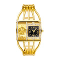 LX1052 Live Edition Women's Golden Feather Diamond Bezel Quartz Watch - 37x27.5mm Asymmetric Gold Case Arched Glass Cage Bangle Band Wristwatch