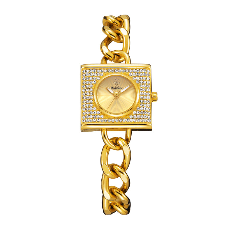 LX1059 Live Edition Women's Diamond Pave Square Quartz Watch - 28x27mm Gold Case Sunburst Dial Coated Glass Curb Cuban Chain Bracelet Wristwatch