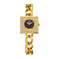 LX1059 Live Edition Women's Diamond Pave Square Quartz Watch - 28x27mm Gold Case Sunburst Dial Coated Glass Curb Cuban Chain Bracelet Wristwatch