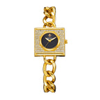 LX1059 Live Edition Women's Diamond Pave Square Quartz Watch - 28x27mm Gold Case Sunburst Dial Coated Glass Curb Cuban Chain Bracelet Wristwatch