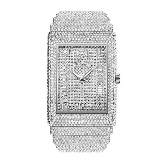 SOLLEN LX1082G Live Edition Men's Square Iced-Out Hip-Hop Quartz Watch - 54x40mm Full Crystal Case Roman Numeral Dial 36mm Wide Metal Band Wristwatch