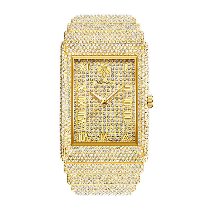 SOLLEN LX1082G Live Edition Men's Square Iced-Out Hip-Hop Quartz Watch - 54x40mm Full Crystal Case Roman Numeral Dial 36mm Wide Metal Band Wristwatch