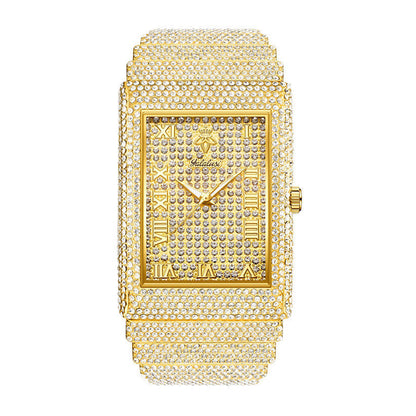 SOLLEN LX1082G Live Edition Men's Square Iced-Out Hip-Hop Quartz Watch - 54x40mm Full Crystal Case Roman Numeral Dial 36mm Wide Metal Band Wristwatch